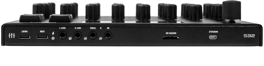 S32 rear panel — USB Host, USB, MIDI outs, MIDI In, microSD, and MODULE port