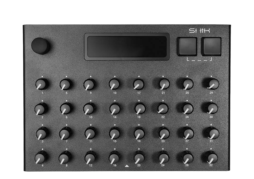S32 top panel — encoder, display, Back and Select buttons, and 32 knobs